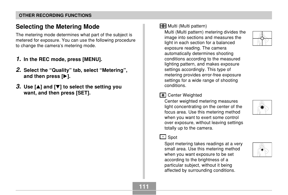 Selecting the metering mode | Casio EX-Z500 User Manual | Page 111 / 227