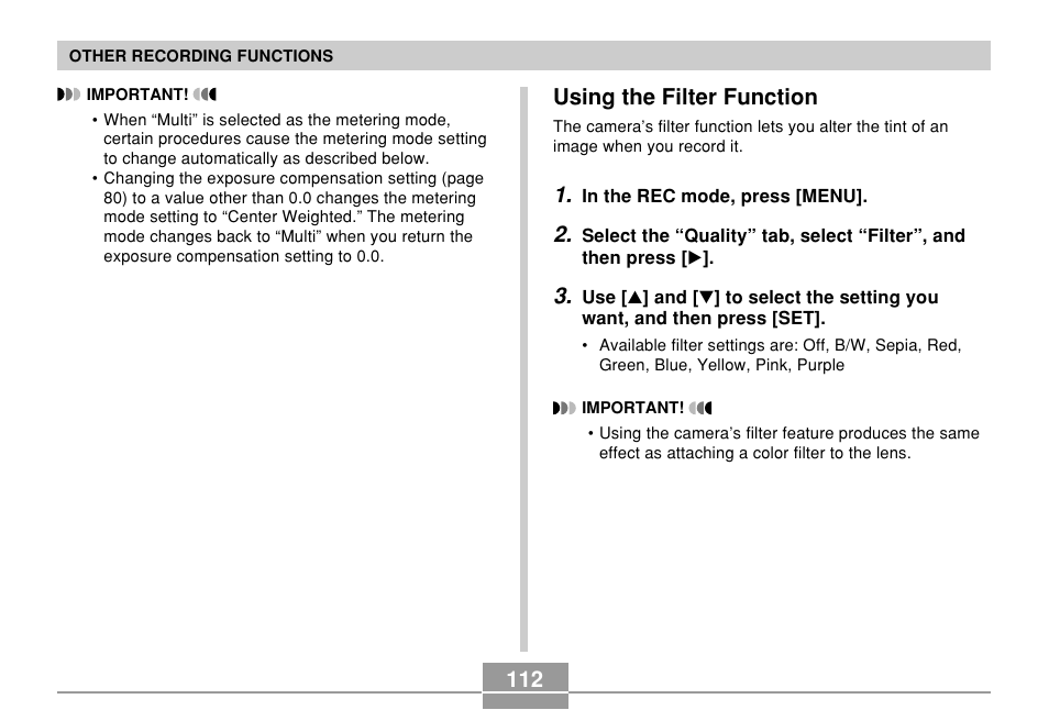 Using the filter function | Casio EX-Z500 User Manual | Page 112 / 227