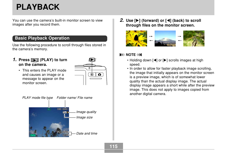 Playback, Basic playback operation | Casio EX-Z500 User Manual | Page 115 / 227