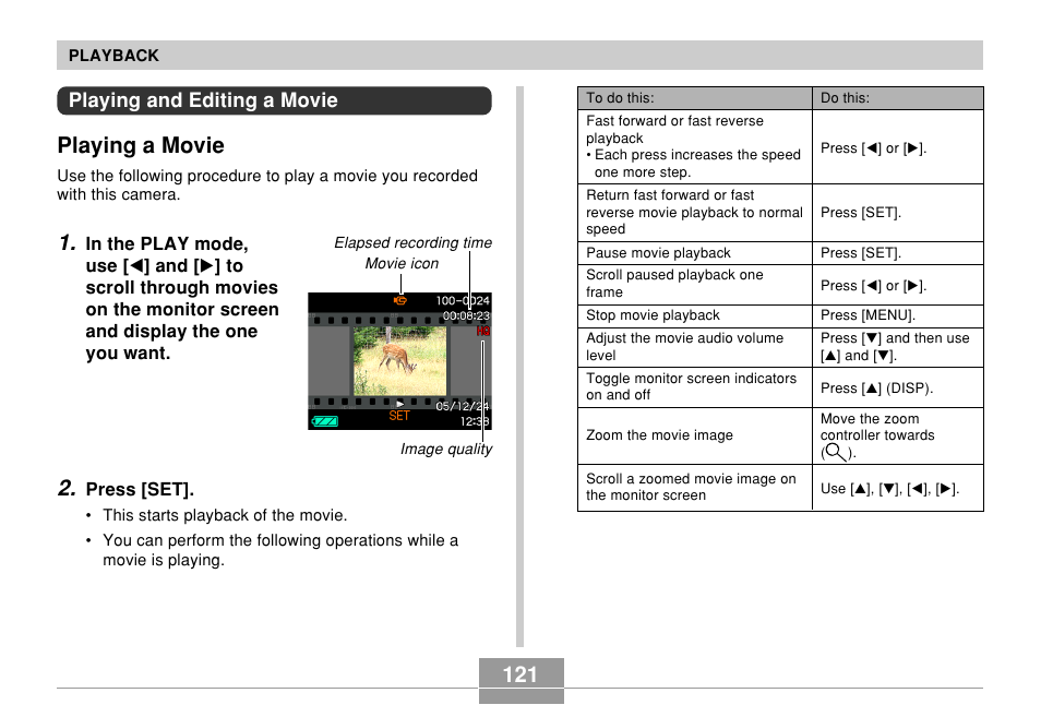 Playing and editing a movie, Playing a movie | Casio EX-Z500 User Manual | Page 121 / 227