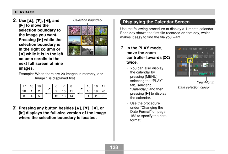 Displaying the calendar screen | Casio EX-Z500 User Manual | Page 128 / 227