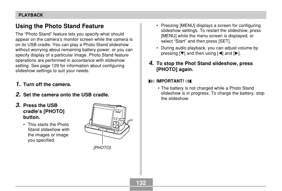 Using the photo stand feature | Casio EX-Z500 User Manual | Page 132 / 227