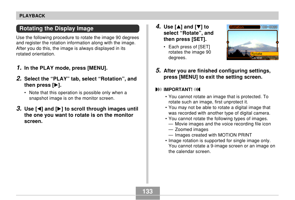 Rotating the display image | Casio EX-Z500 User Manual | Page 133 / 227