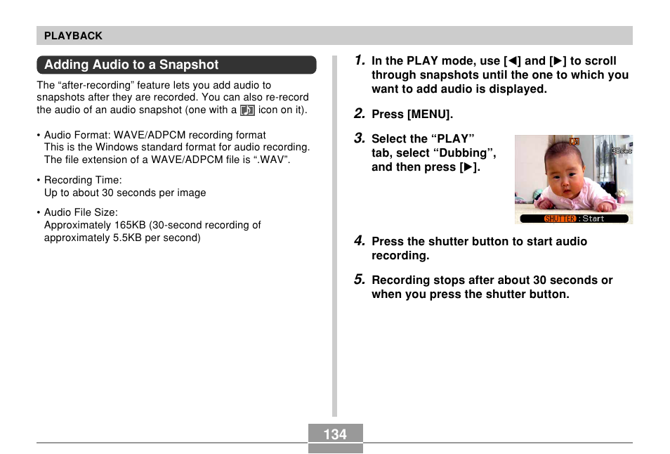 Adding audio to a snapshot | Casio EX-Z500 User Manual | Page 134 / 227