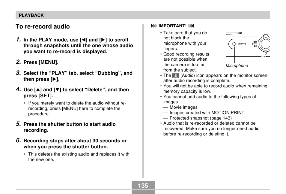 To re-record audio | Casio EX-Z500 User Manual | Page 135 / 227