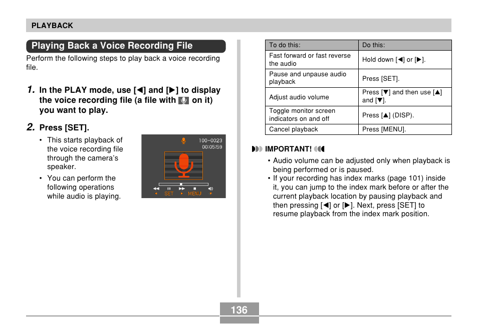 Playing back a voice recording file | Casio EX-Z500 User Manual | Page 136 / 227