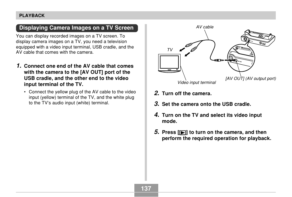 Displaying camera images on a tv screen | Casio EX-Z500 User Manual | Page 137 / 227