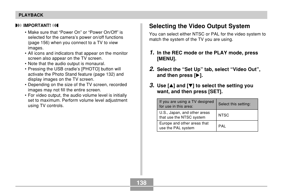 Selecting the video output system | Casio EX-Z500 User Manual | Page 138 / 227