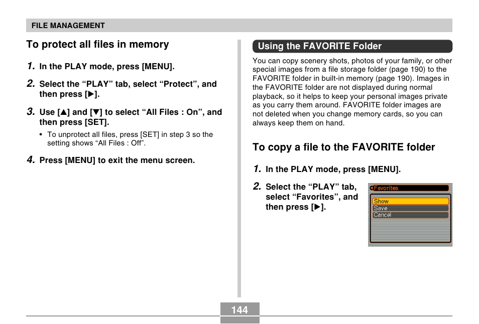 To protect all files in memory, Using the favorite folder, To copy a file to the favorite folder | Casio EX-Z500 User Manual | Page 144 / 227