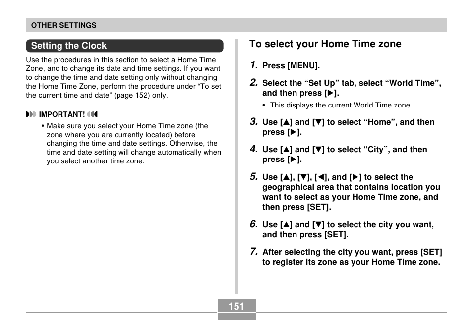 Setting the clock, To select your home time zone | Casio EX-Z500 User Manual | Page 151 / 227