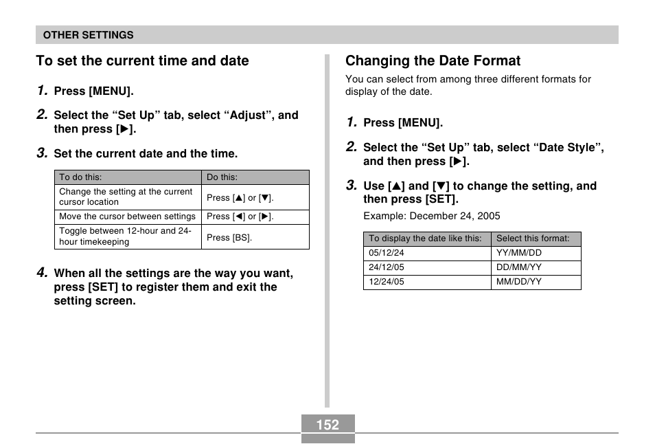 To set the current time and date, Changing the date format, 152 to set the current time and date 1 | Casio EX-Z500 User Manual | Page 152 / 227