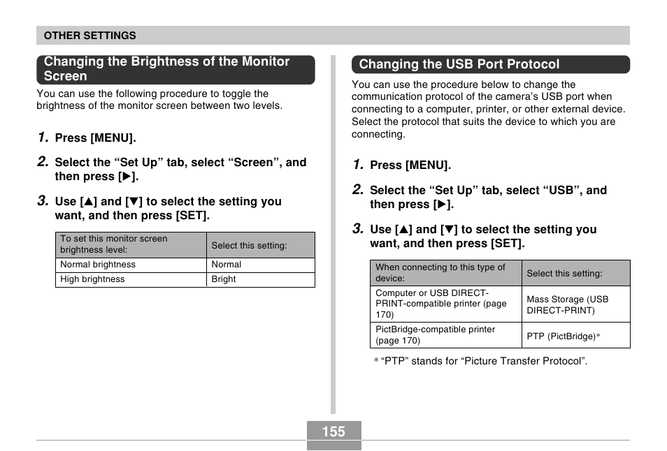 Changing the brightness of the monitor screen, Changing the usb port protocol | Casio EX-Z500 User Manual | Page 155 / 227