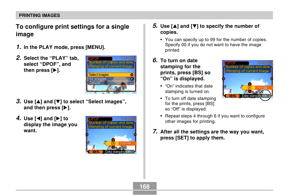 To configure print settings for a single image | Casio EX-Z500 User Manual | Page 168 / 227