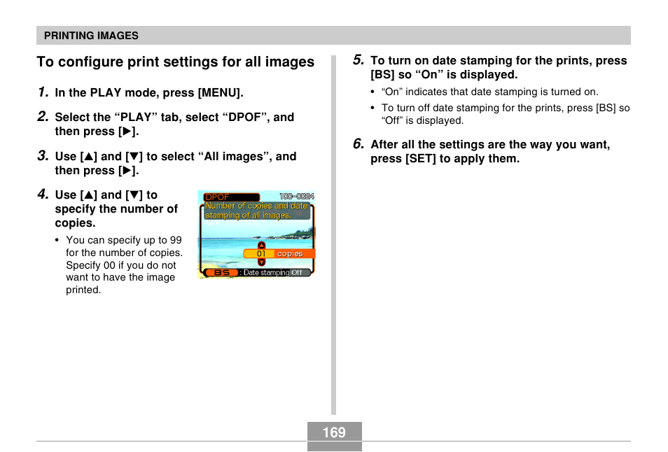 To configure print settings for all images | Casio EX-Z500 User Manual | Page 169 / 227