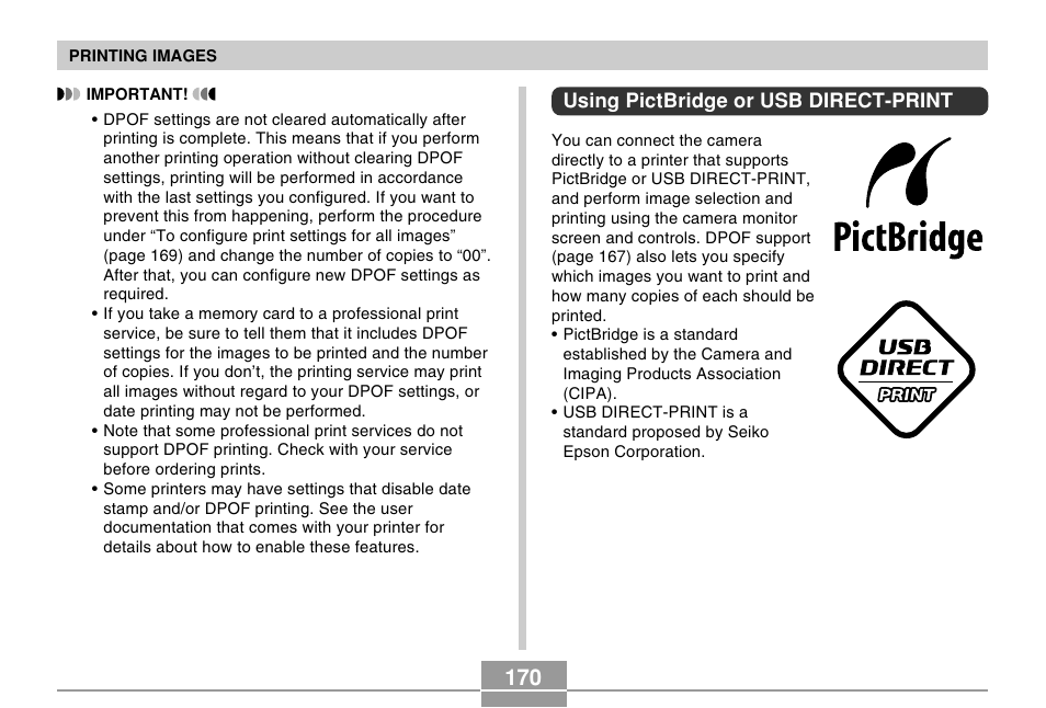 Using pictbridge or usb direct-print | Casio EX-Z500 User Manual | Page 170 / 227