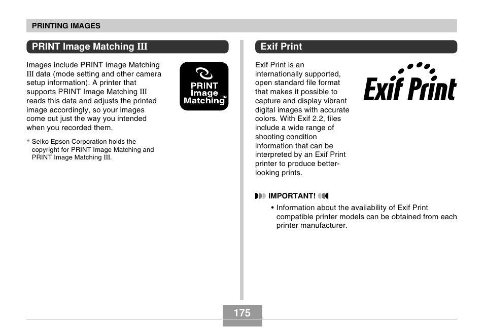 Print image matching iii, Exif print | Casio EX-Z500 User Manual | Page 175 / 227