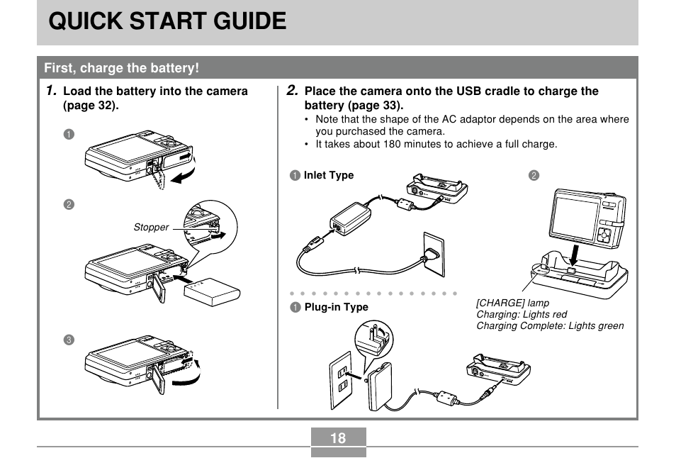 Quick start guide, First, charge the battery, Load the battery into the camera (page 32) | Casio EX-Z500 User Manual | Page 18 / 227