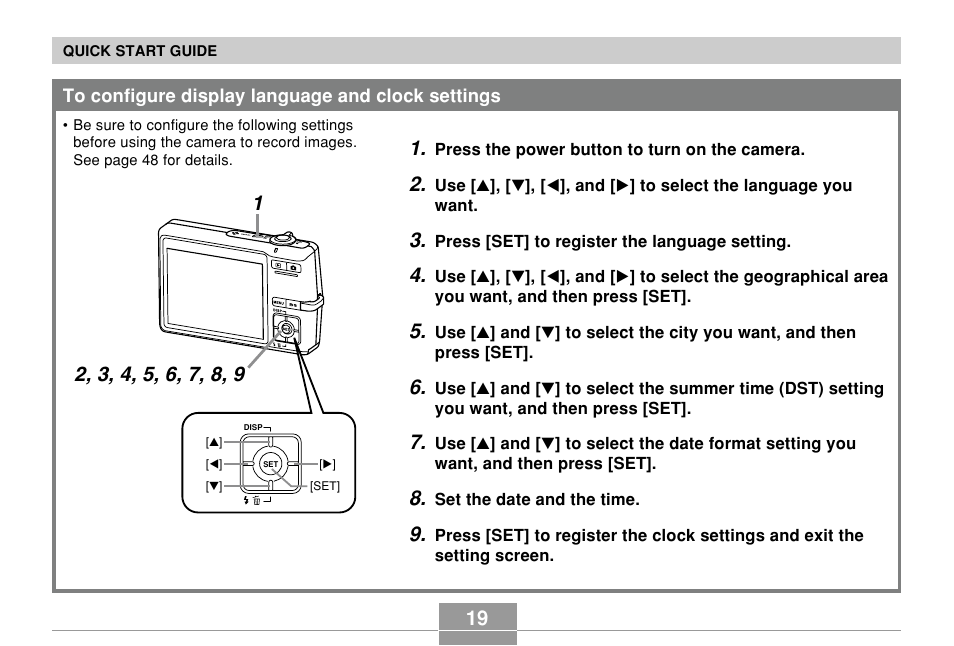 To configure display language and clock settings | Casio EX-Z500 User Manual | Page 19 / 227