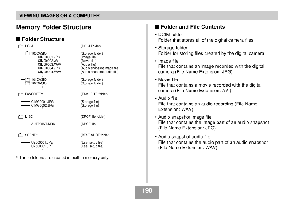 Memory folder structure, Folder structure, Folder and file contents | Casio EX-Z500 User Manual | Page 190 / 227