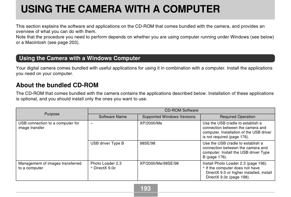 Using the camera with a computer, Using the camera with a windows computer, About the bundled cd-rom | Casio EX-Z500 User Manual | Page 193 / 227