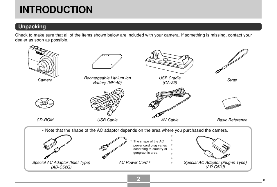 Introduction, Unpacking | Casio EX-Z500 User Manual | Page 2 / 227