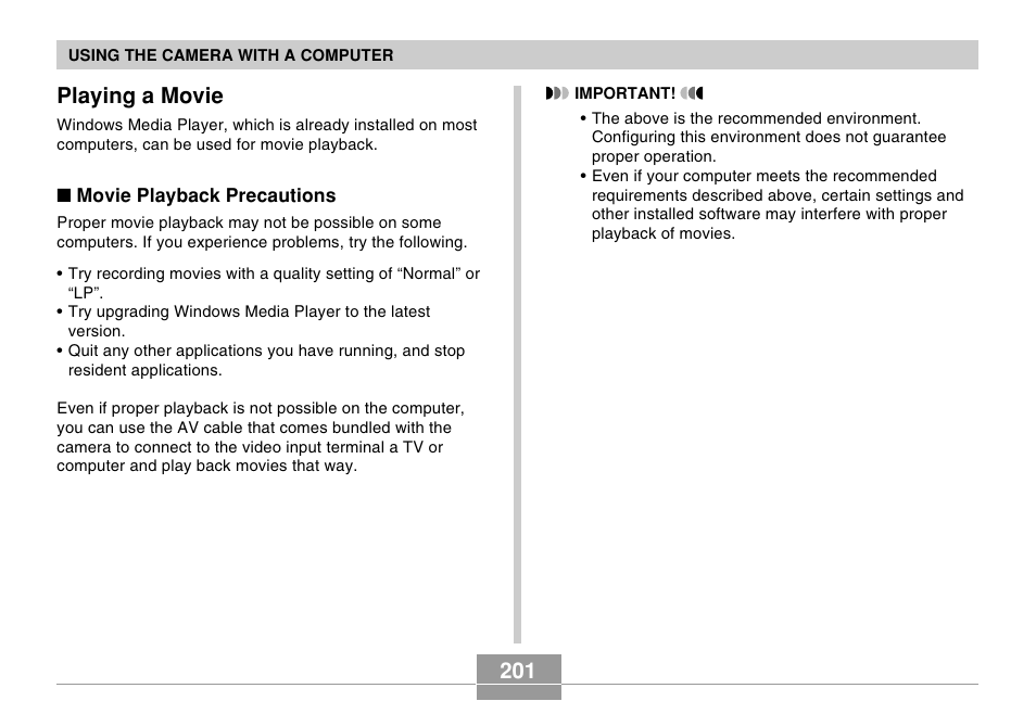 Playing a movie, 201 playing a movie | Casio EX-Z500 User Manual | Page 201 / 227