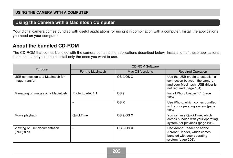 Using the camera with a macintosh computer, About the bundled cd-rom | Casio EX-Z500 User Manual | Page 203 / 227