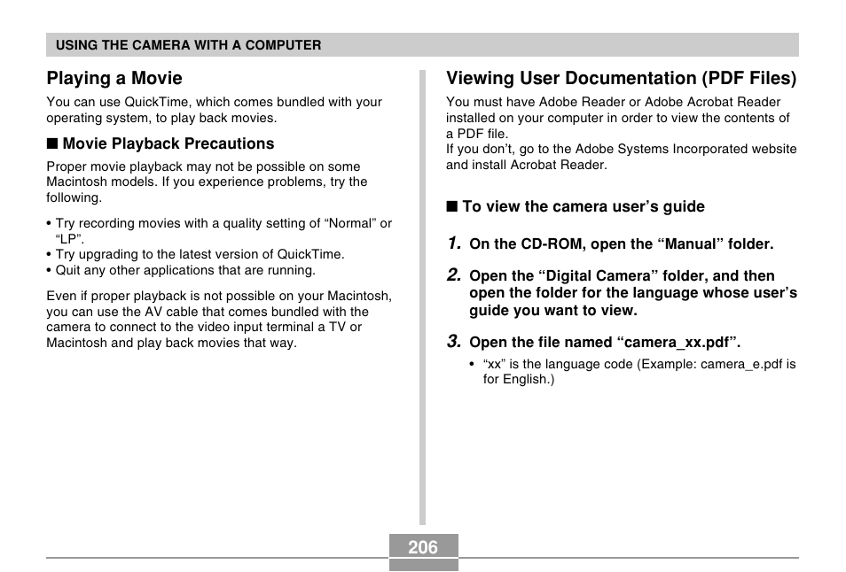 Playing a movie, Viewing user documentation (pdf files), 206 viewing user documentation (pdf files) | Casio EX-Z500 User Manual | Page 206 / 227