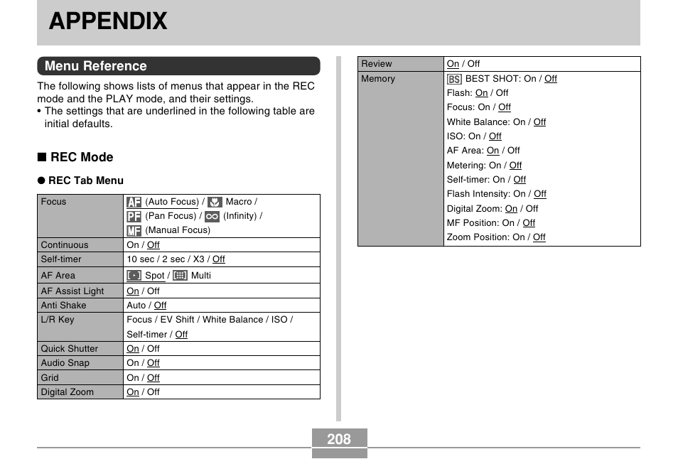 Appendix, Menu reference, Rec mode | Casio EX-Z500 User Manual | Page 208 / 227