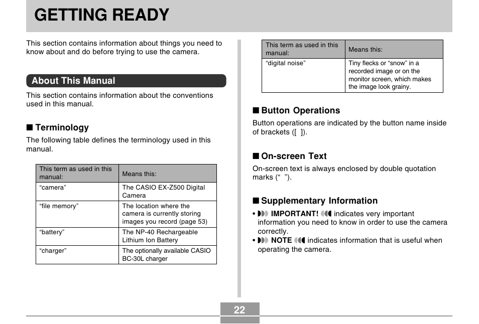 Getting ready, About this manual | Casio EX-Z500 User Manual | Page 22 / 227