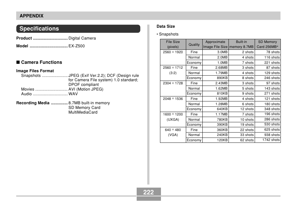 Specifications | Casio EX-Z500 User Manual | Page 222 / 227