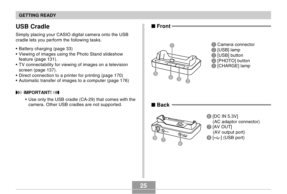 Usb cradle, 25 usb cradle | Casio EX-Z500 User Manual | Page 25 / 227