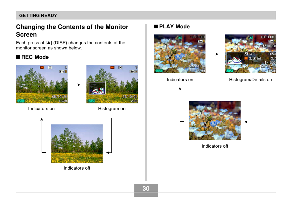 Changing the contents of the monitor screen | Casio EX-Z500 User Manual | Page 30 / 227