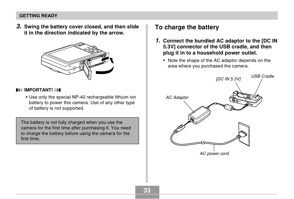 To charge the battery, 33 to charge the battery 1 | Casio EX-Z500 User Manual | Page 33 / 227