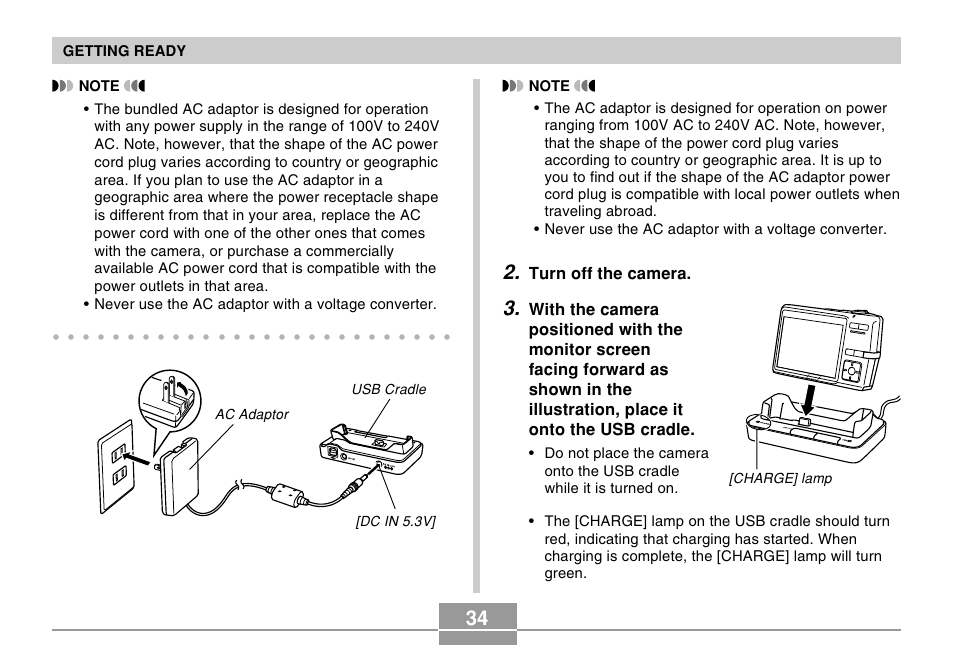 Turn off the camera, Getting ready, Charge] lamp usb cradle ac adaptor [dc in 5.3v | Casio EX-Z500 User Manual | Page 34 / 227