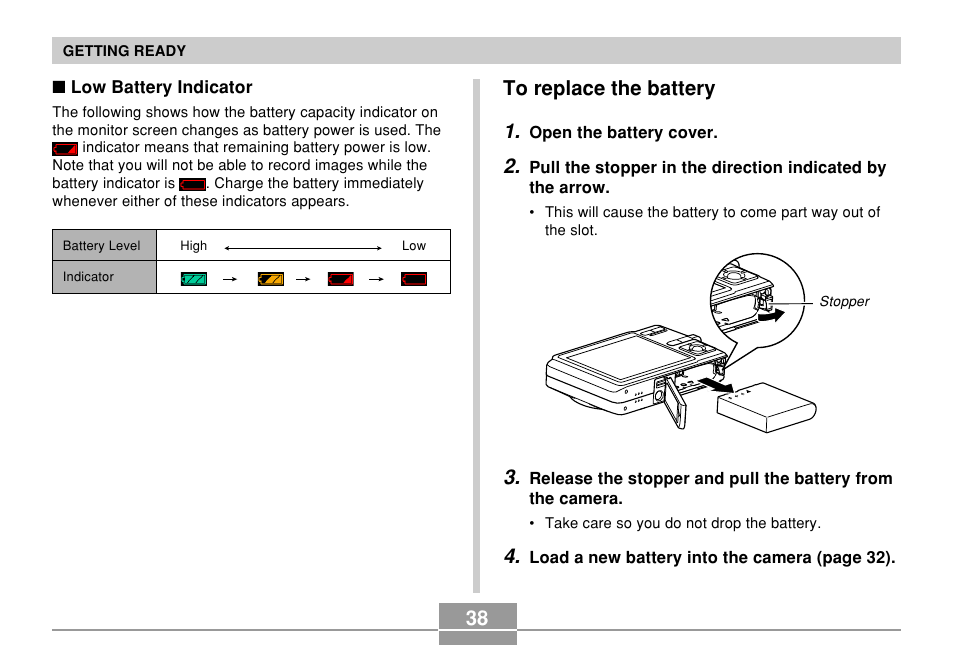 To replace the battery, 38 to replace the battery 1 | Casio EX-Z500 User Manual | Page 38 / 227