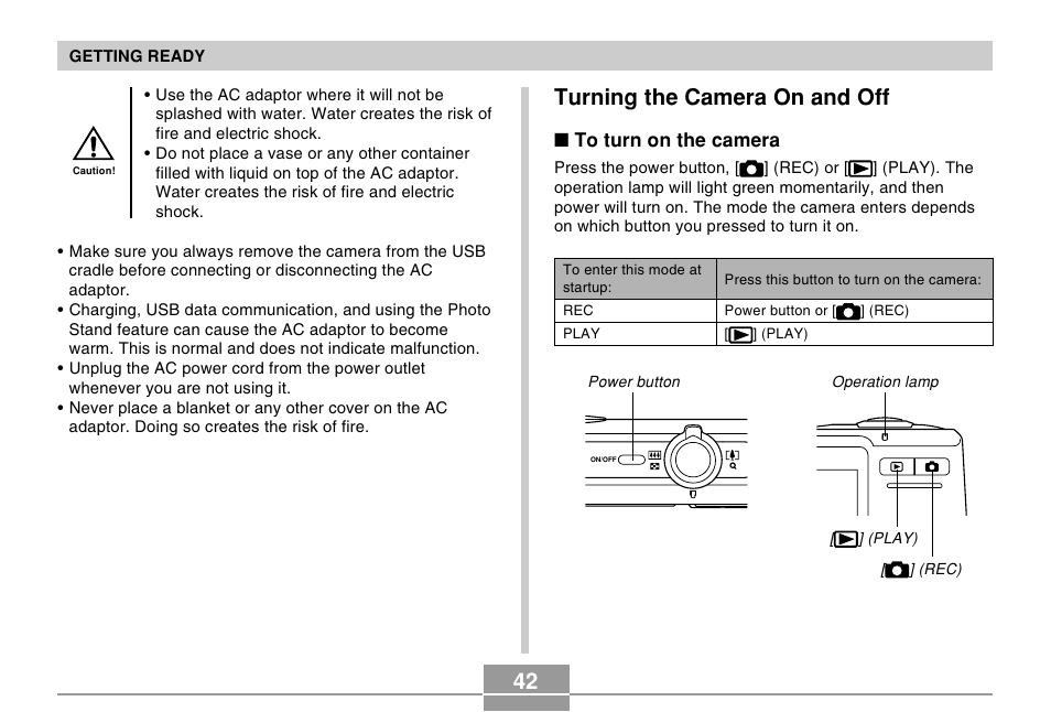 Turning the camera on and off, 42 turning the camera on and off | Casio EX-Z500 User Manual | Page 42 / 227