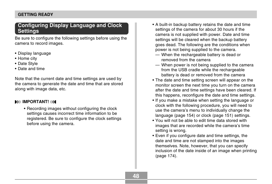 Configuring display language and clock settings | Casio EX-Z500 User Manual | Page 48 / 227