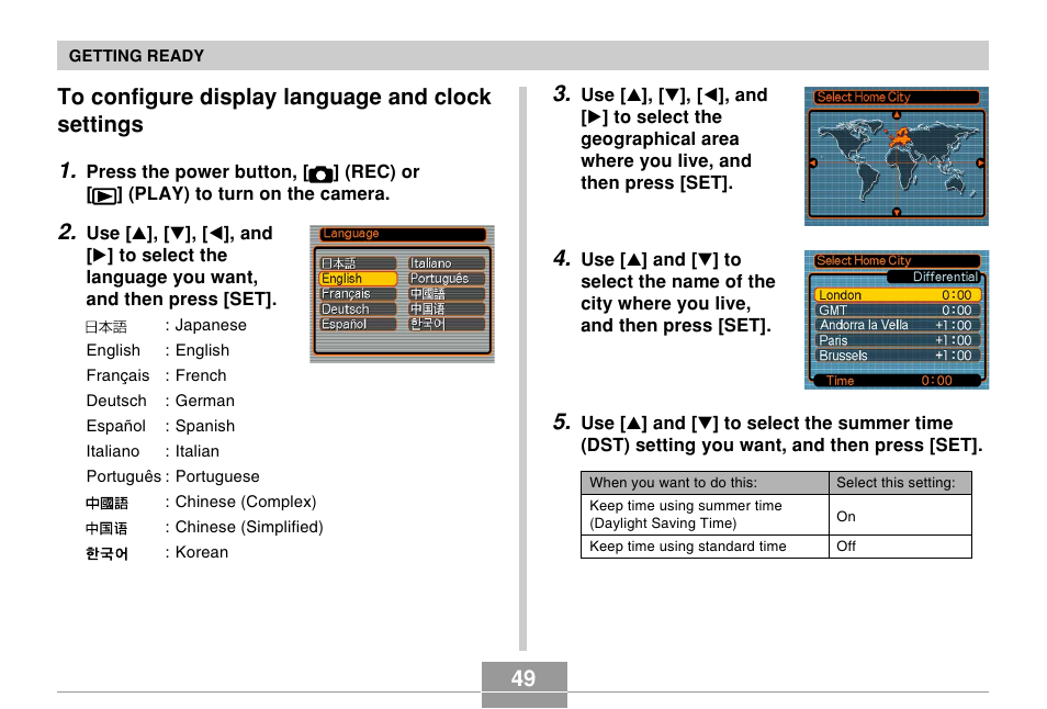 To configure display language and clock settings | Casio EX-Z500 User Manual | Page 49 / 227