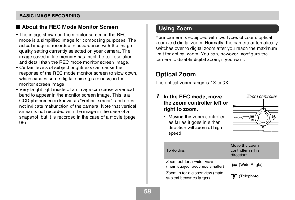 Using zoom, Optical zoom | Casio EX-Z500 User Manual | Page 58 / 227