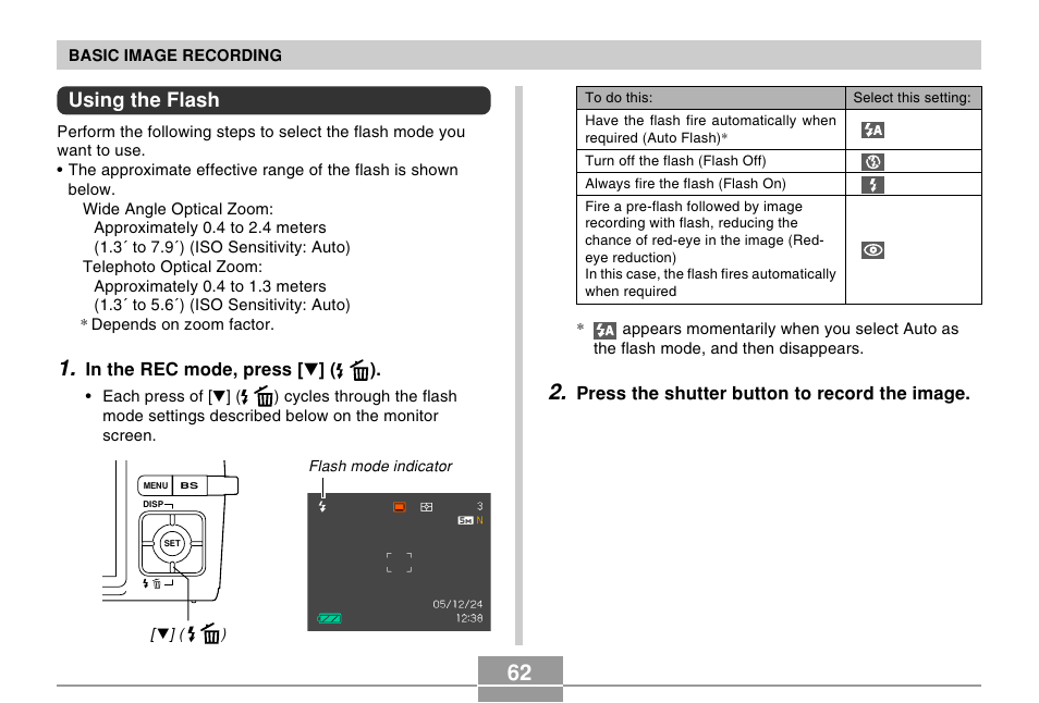 Using the flash | Casio EX-Z500 User Manual | Page 62 / 227