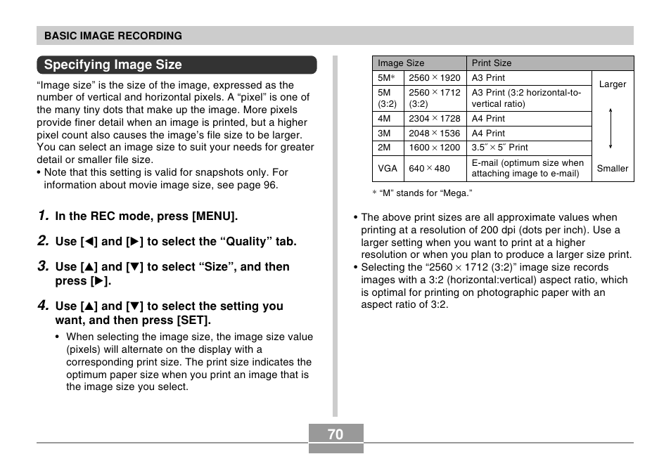 Specifying image size | Casio EX-Z500 User Manual | Page 70 / 227