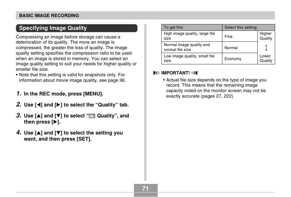 Specifying image quality | Casio EX-Z500 User Manual | Page 71 / 227