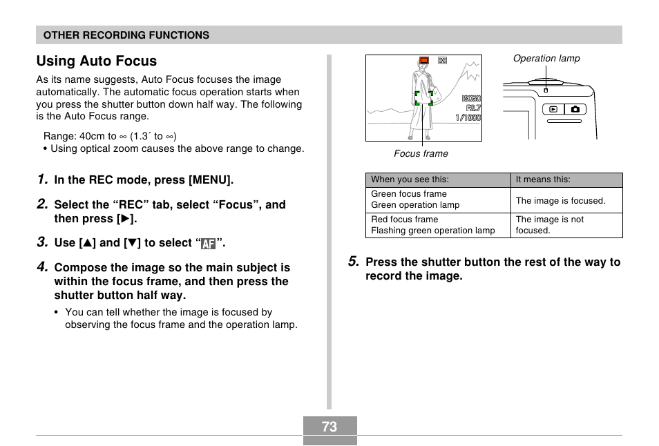 Using auto focus | Casio EX-Z500 User Manual | Page 73 / 227