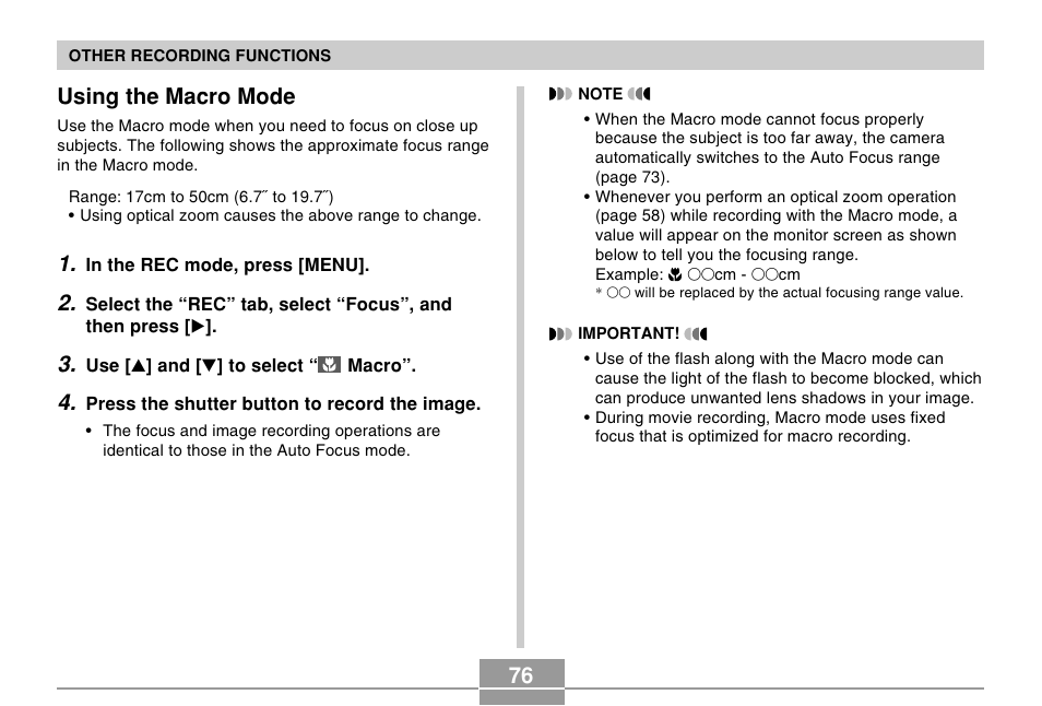 Using the macro mode | Casio EX-Z500 User Manual | Page 76 / 227