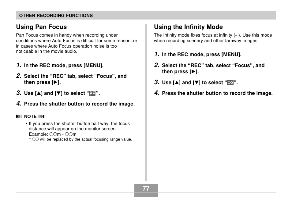 Using pan focus, Using the infinity mode | Casio EX-Z500 User Manual | Page 77 / 227