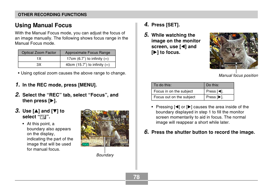 Using manual focus | Casio EX-Z500 User Manual | Page 78 / 227