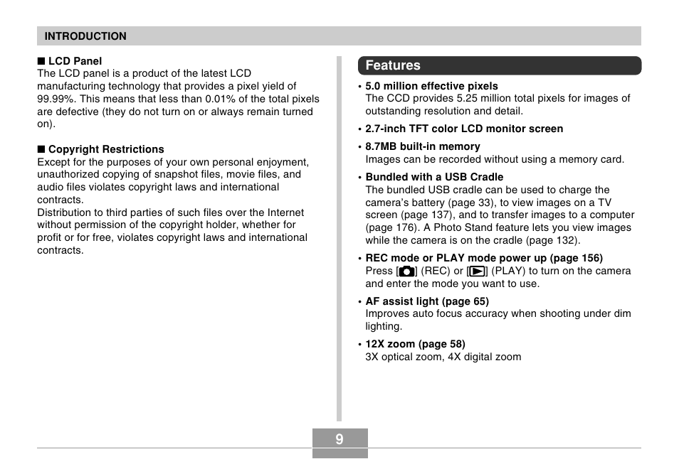 Features | Casio EX-Z500 User Manual | Page 9 / 227