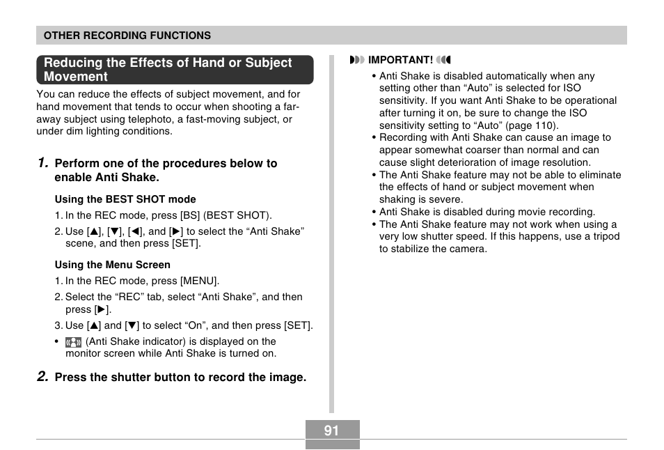 Reducing the effects of hand or subject movement | Casio EX-Z500 User Manual | Page 91 / 227