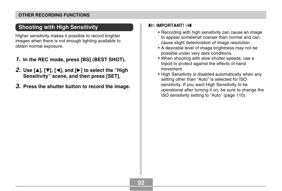 Shooting with high sensitivity | Casio EX-Z500 User Manual | Page 92 / 227